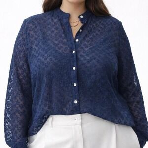 Lauren Ralph Lauren Navy Eyelet Cotton Button Up Blouse Size 1x